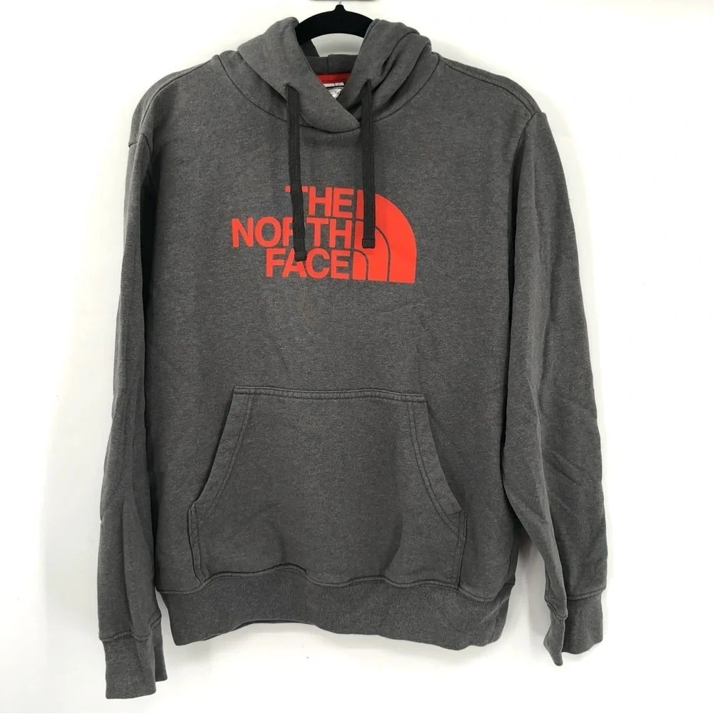 THE NORTH FACE Hoodie Men Grey Logo Orange Outdoor Hiking Active M Medium TNF